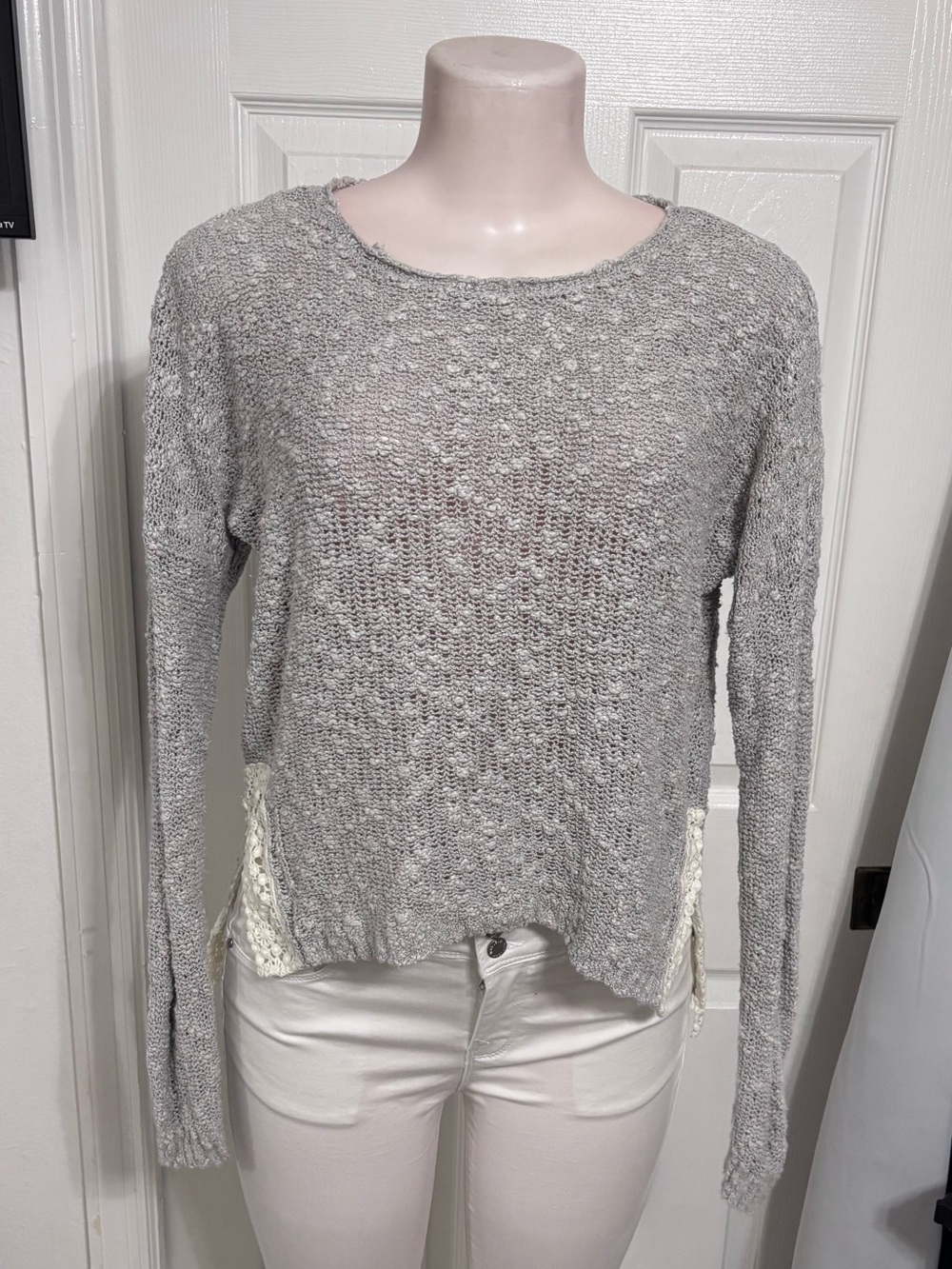 Abercrombie & Fitch Heather Gray Open Knit Crewneck Sweater with Crochet Insets